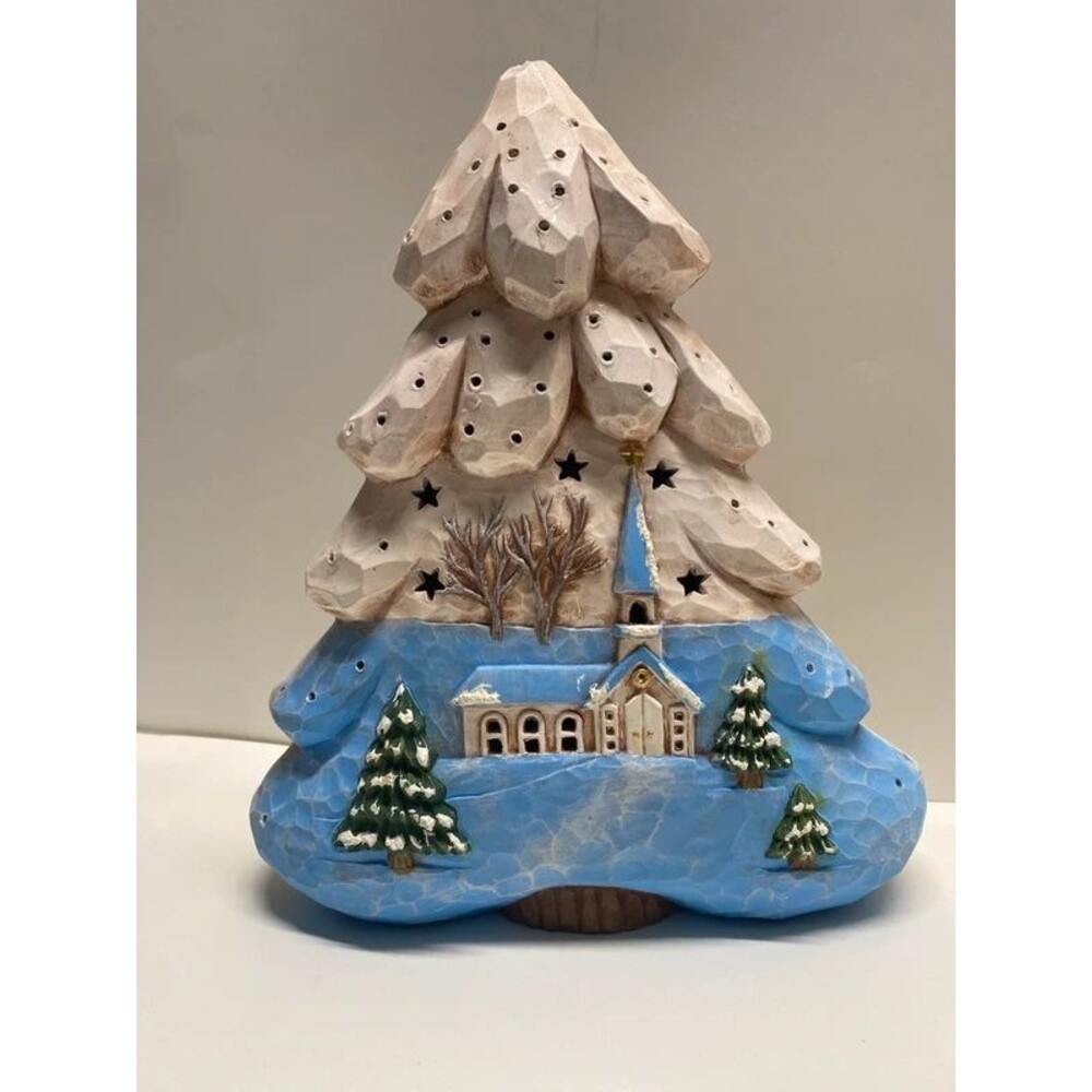 Hand-Painted Ceramic Christmas Tree Luminary Church Scene Clay Magic 3200